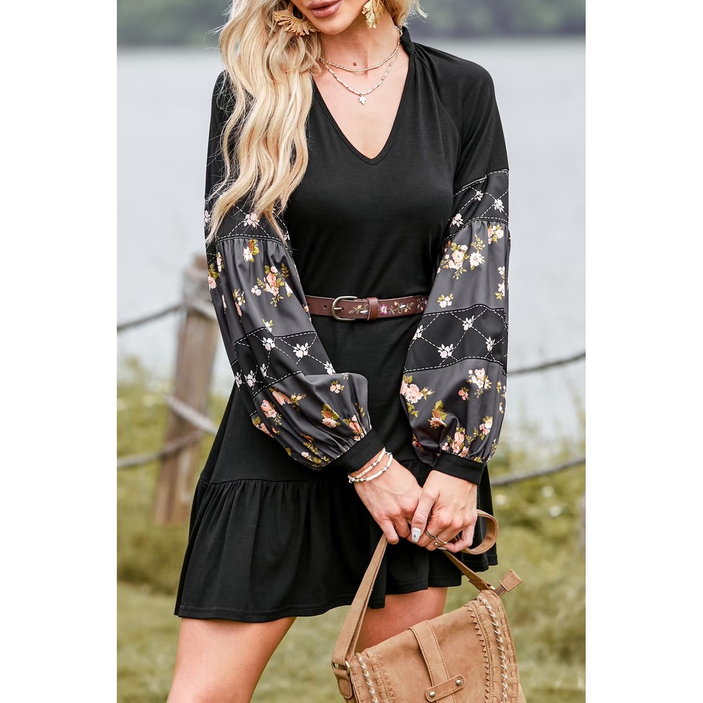CUPSHE Womens Black Floral Balloon Sleeve Ruffle Hem Mini Dress XS